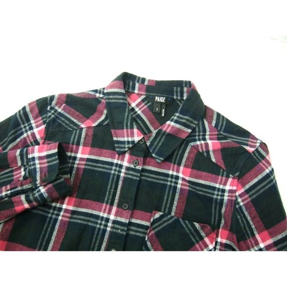 Paige Womens Top Shirt S Flannel Plaid Navy Blue Pink Long Sleeve Button Collar - Picture 2 of 5
